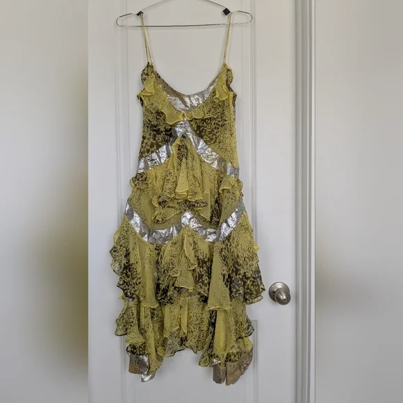Sass & Bide Yellow Silk Abstract Leopard Print Tiered Ruffle Slip Dress - Picture 6 of 6
